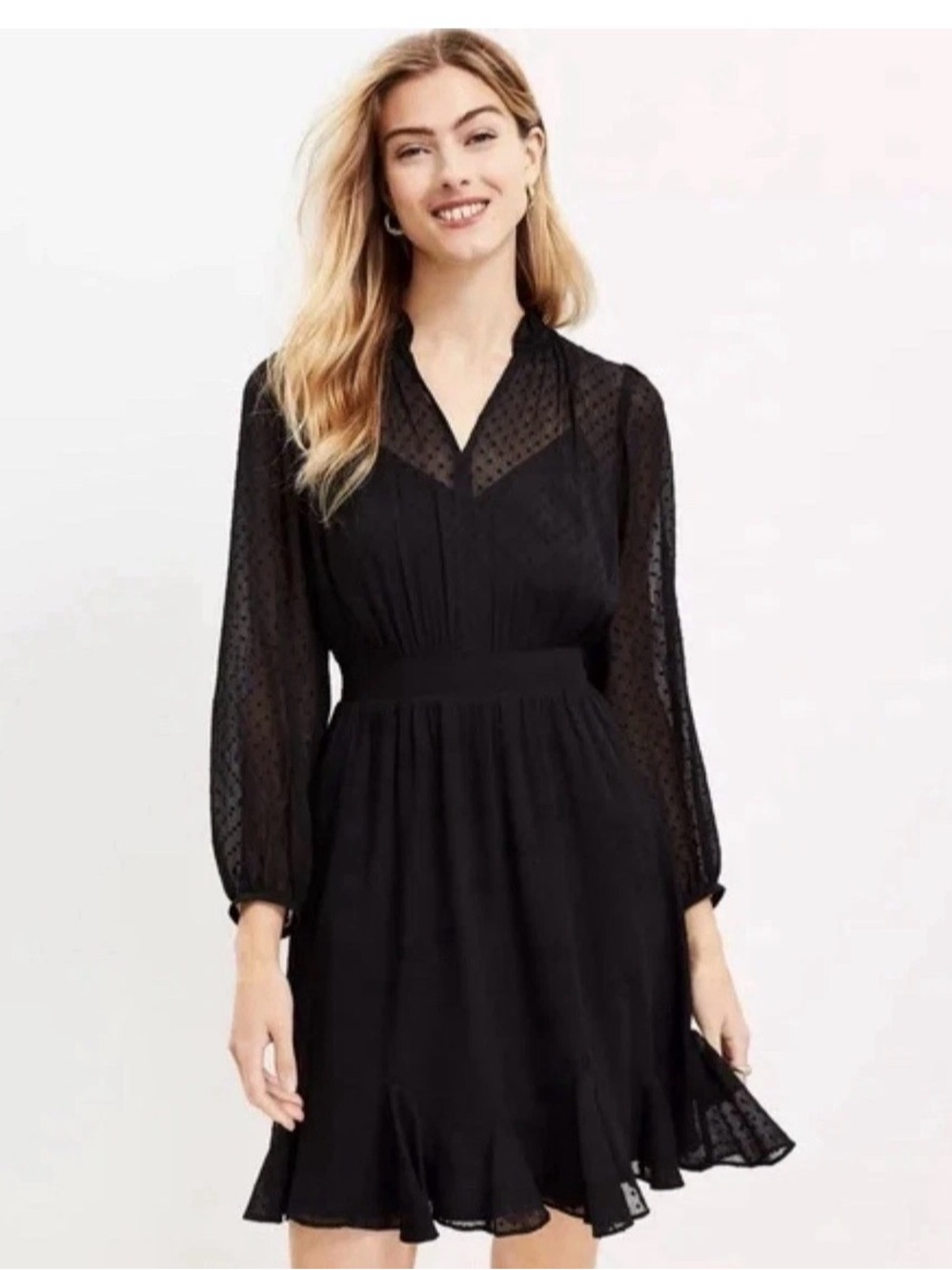 LOFT Black Sheer Ruffle Dress Size 14 V-Neck Long Sleeve Lined Clip Dot